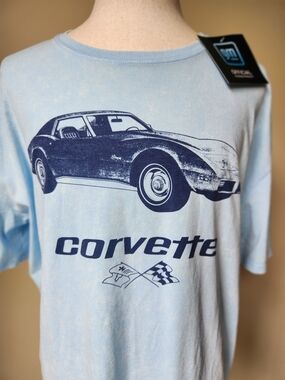 GM Corvette Stingray Official Licensed Car T Shirt Blue Mineral Wash Short Sleev